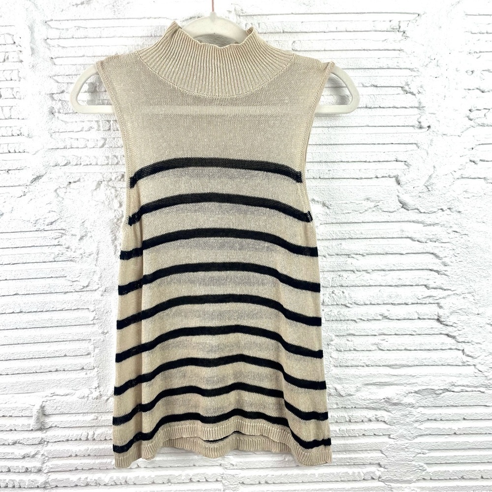 Sleeveless Mock Neck Striped Knit Sweater - Beige/Black